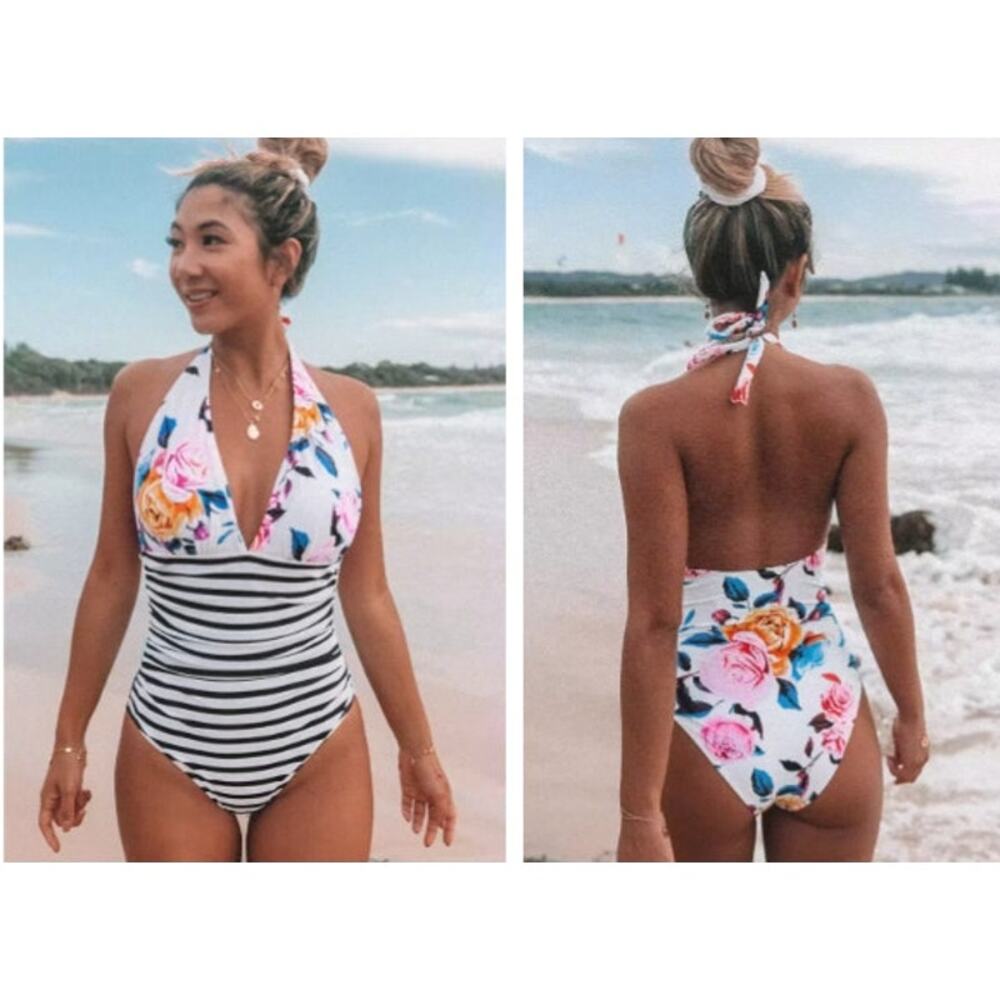 New Cupshe Bold‎ Floral Stripe Halter Tummy Control One Piece Swimsuit 4X 4XL